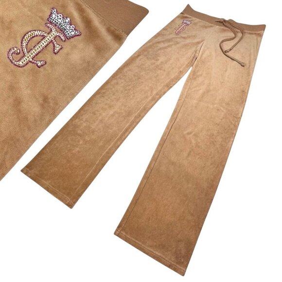 VTG Y2K Juicy Couture Velour Wide Leg Pants Sz.M Tan Drawstrings Beaded Logo - Picture 1 of 12